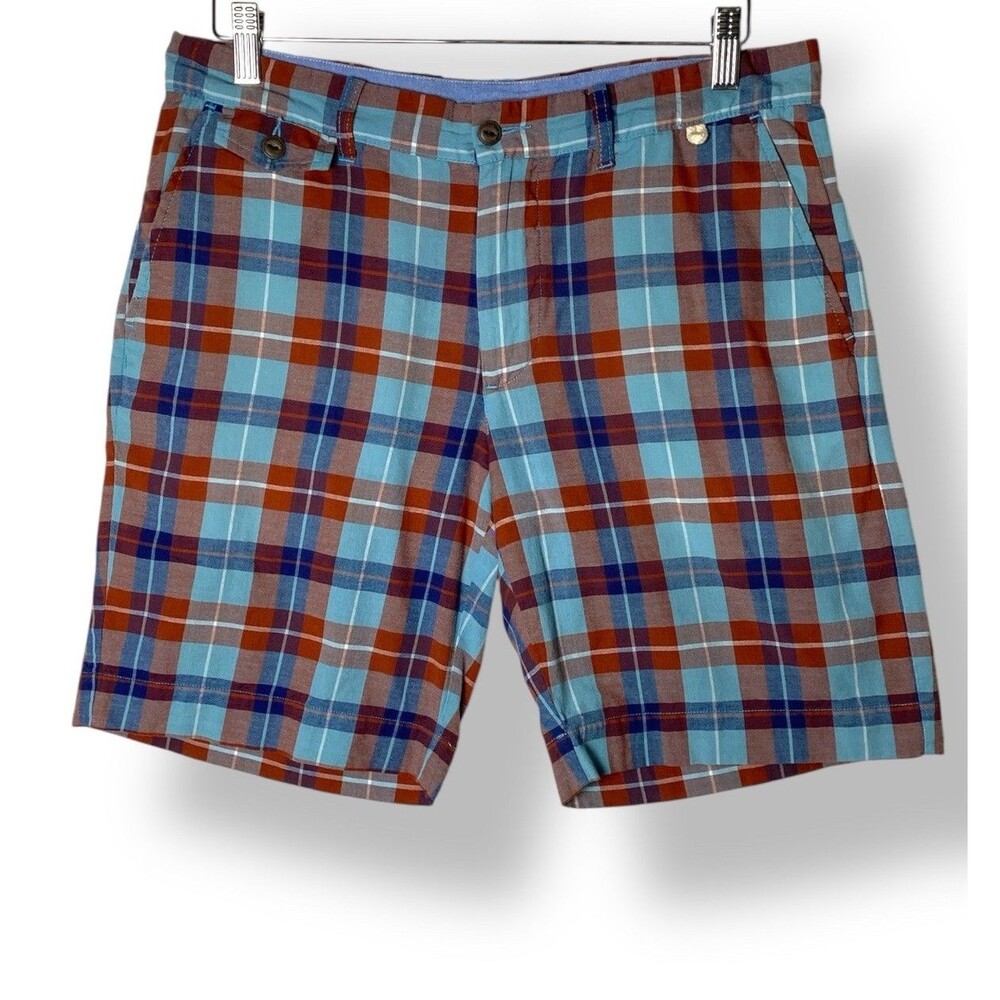 PENDLETON SURF Shorts Men's 32 100% Cotton Blue Red Madras Plaid 9” Inseam